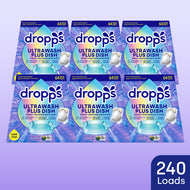 Six packages of dropps Ultrawash Plus Dish on a purple background