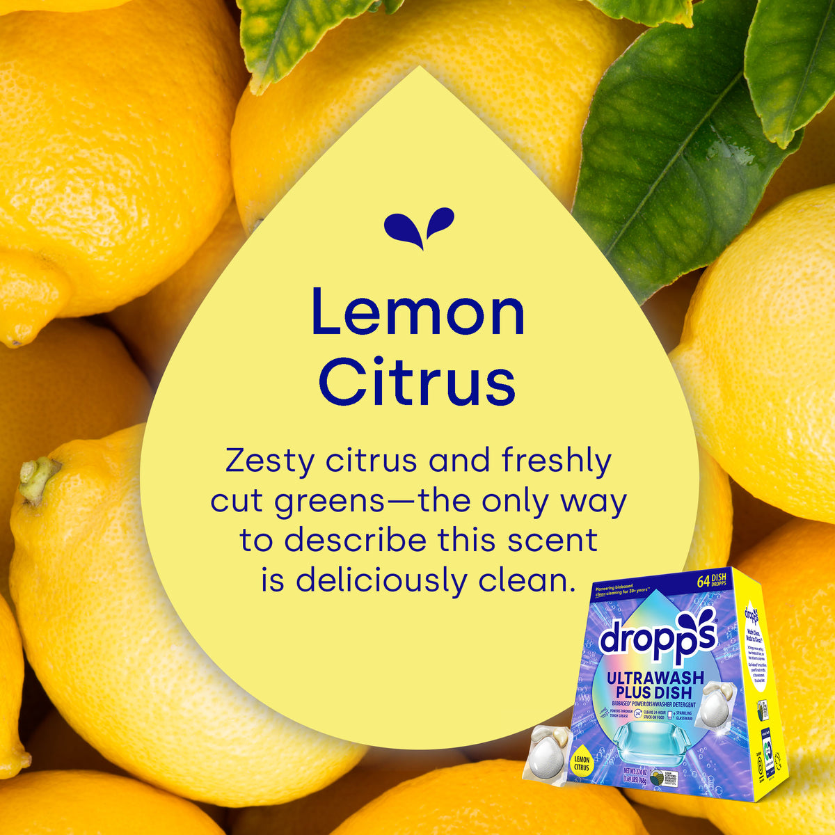 Dropps laundry detergent packaging with lemons and a lemon-scent description.