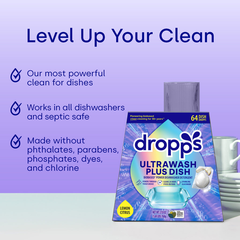 Dropps Ultrawash Plus Dish detergent packaging with features on a purple background