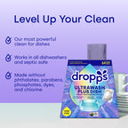Dropps Ultrawash Plus Dish detergent packaging with features on a purple background