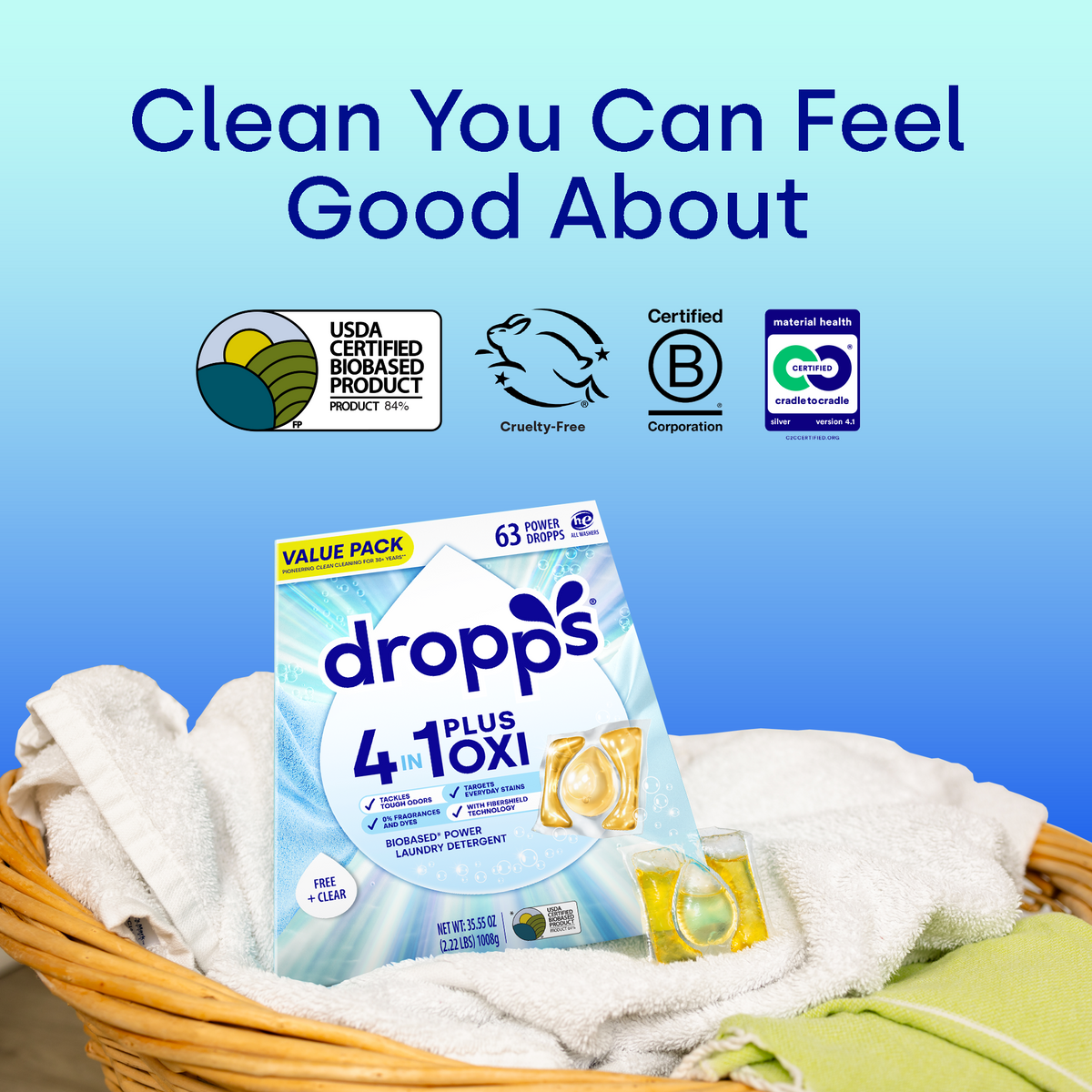 63 Count 4-in-1 Plus Oxi Biobased Power Laundry Detergent Pods, Unscented